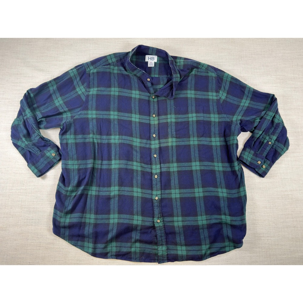 HB Mens 3XL Flannel Blue Green Plaid Cotton Button Down Long Slv
